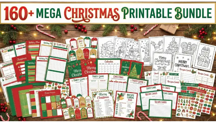 Christmas Printables Bundle 2025 - 160+ Holiday Templates including coloring pages, gift tags, planners and kids activities for American families